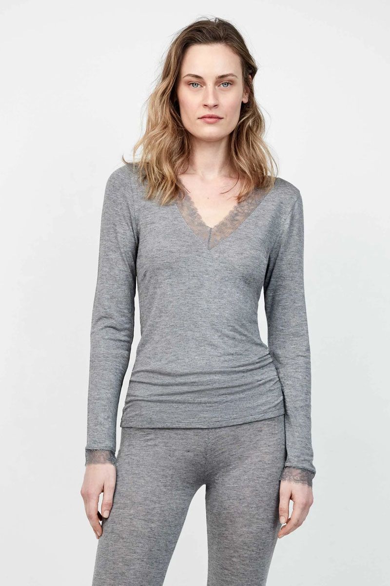 Bluză termică cu mâneci lungi, decolteu în V și dantelă, Gisela 1/10063