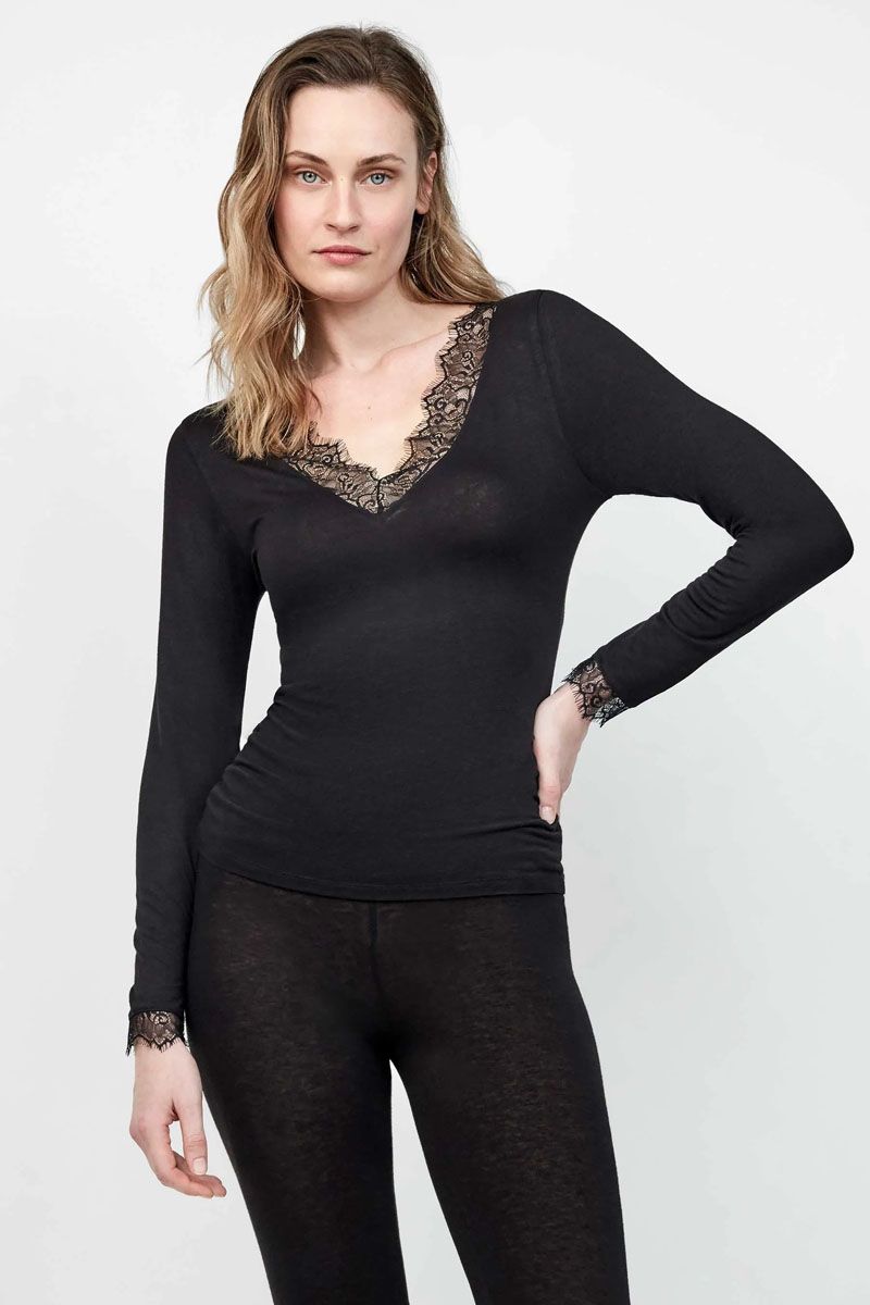 Bluză termică cu mâneci lungi, decolteu în V și dantelă, Gisela 1/10063