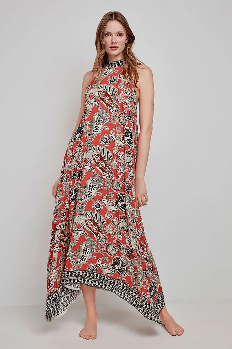 Rochie midi halter, cu imprimeu floral exotic, Gisela 2/40028