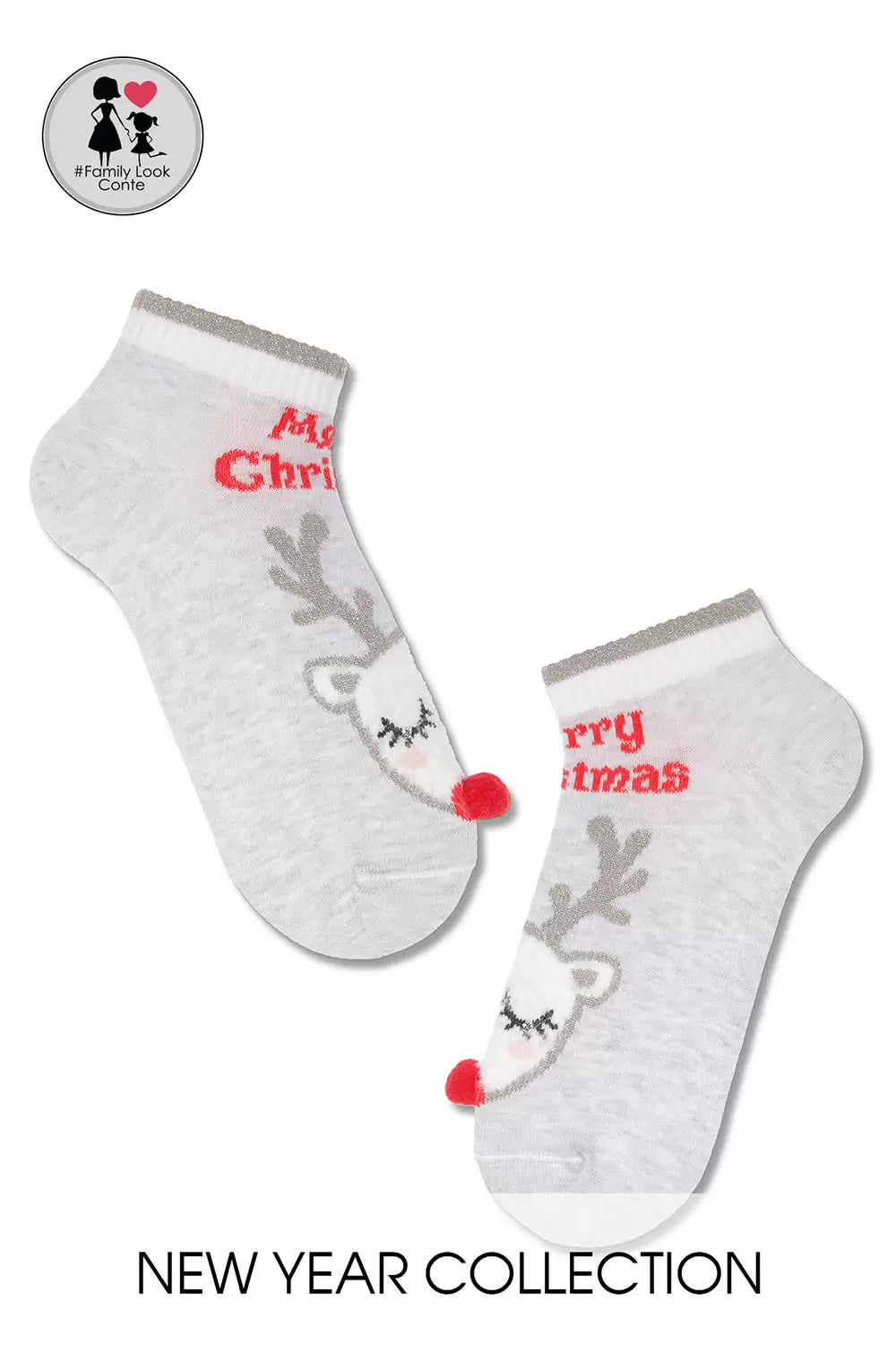 Șosete scurte bumbac, ren cu pompon motiv Crăciun, Conte Kids 384