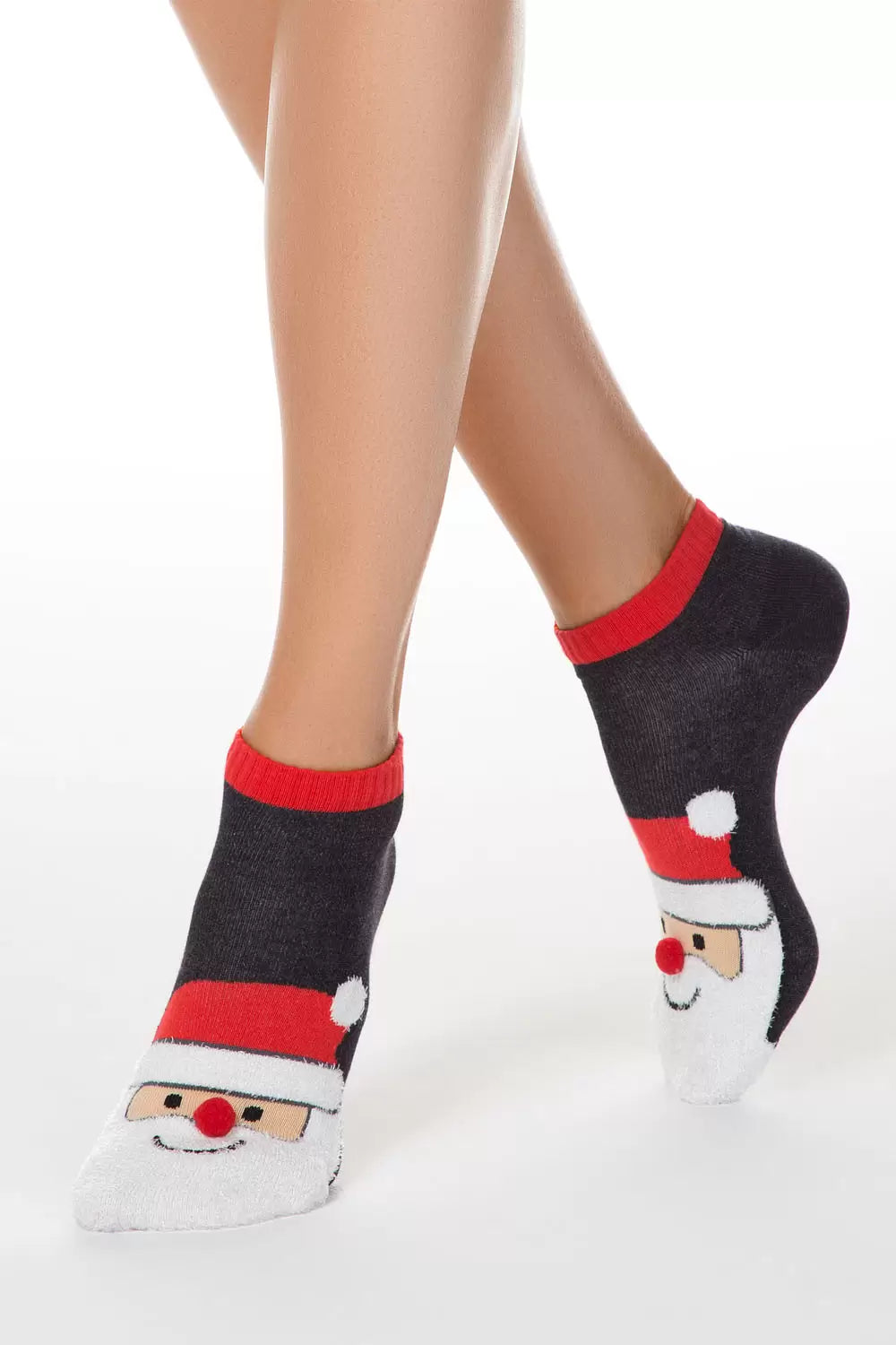 Șosete scurte haioase damă, model Moș Crăciun cu pompon, Conte Elegant 446